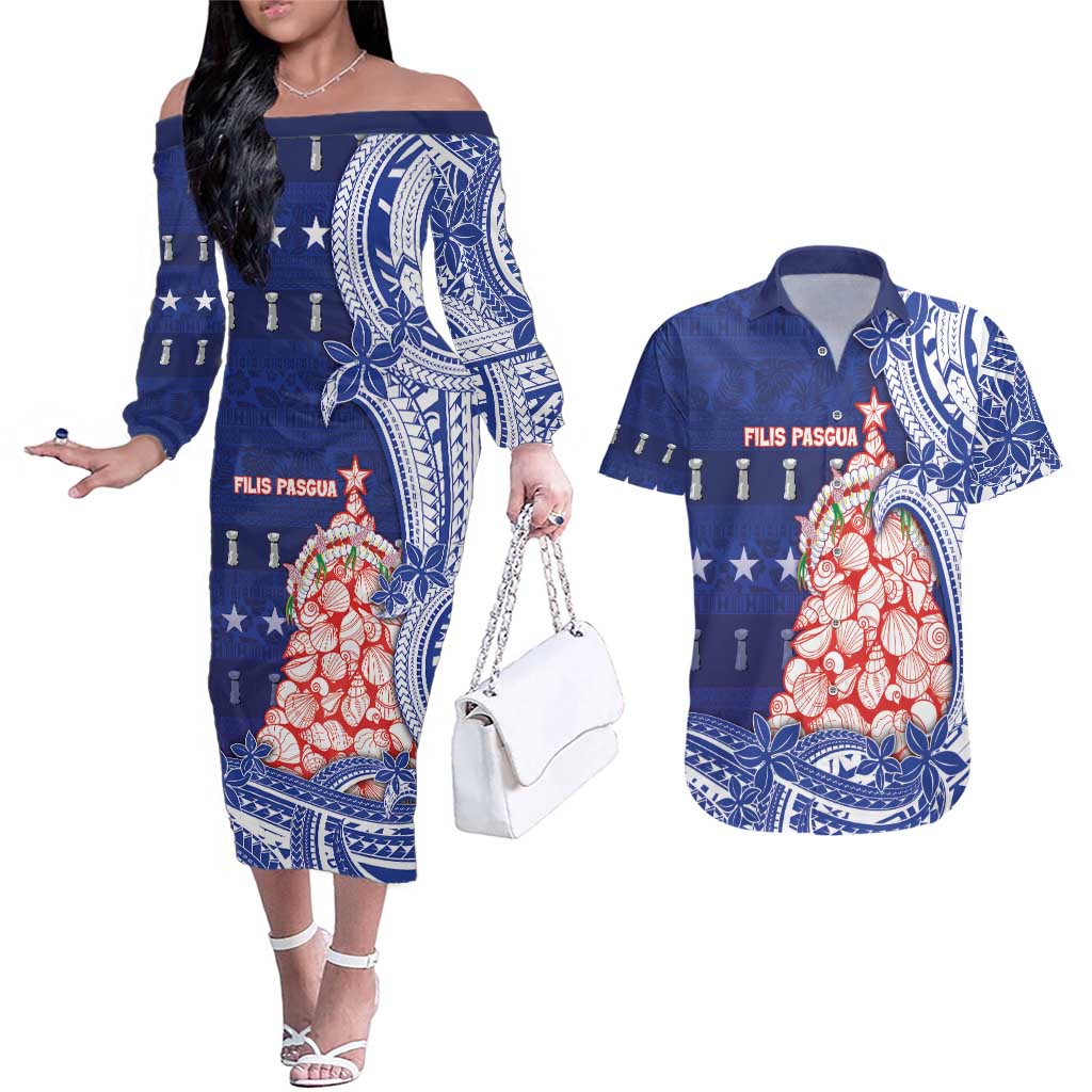 Northern Mariana Islands Christmas Couples Matching Off The Shoulder Long Sleeve Dress and Hawaiian Shirt Seashell Xmas Tree Tribal Waves - Polynesian Pride