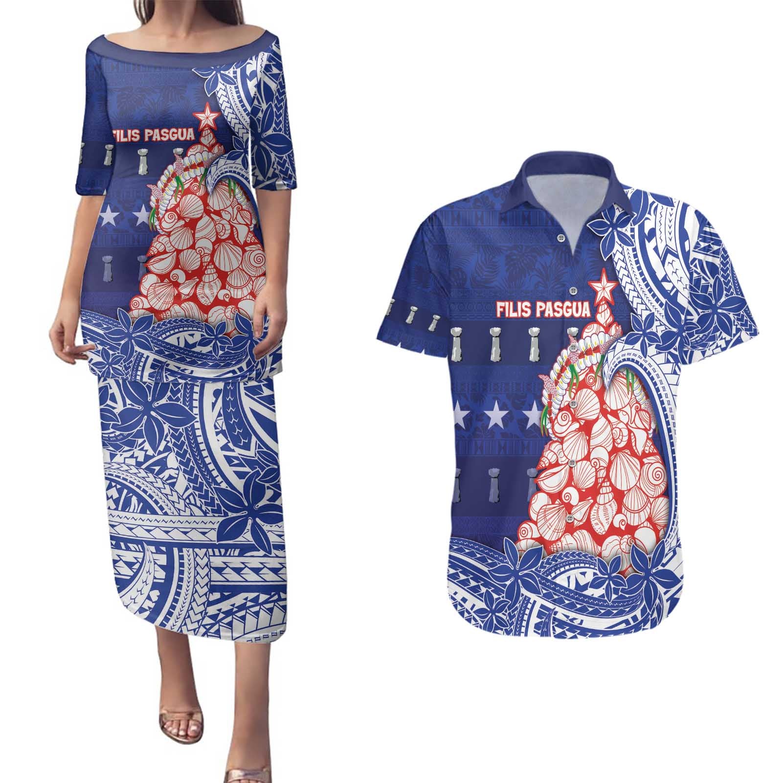 Northern Mariana Islands Christmas Couples Matching Puletasi and Hawaiian Shirt Seashell Xmas Tree Tribal Waves - Polynesian Pride