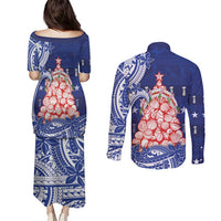 Northern Mariana Islands Christmas Couples Matching Puletasi and Long Sleeve Button Shirt Seashell Xmas Tree Tribal Waves - Polynesian Pride