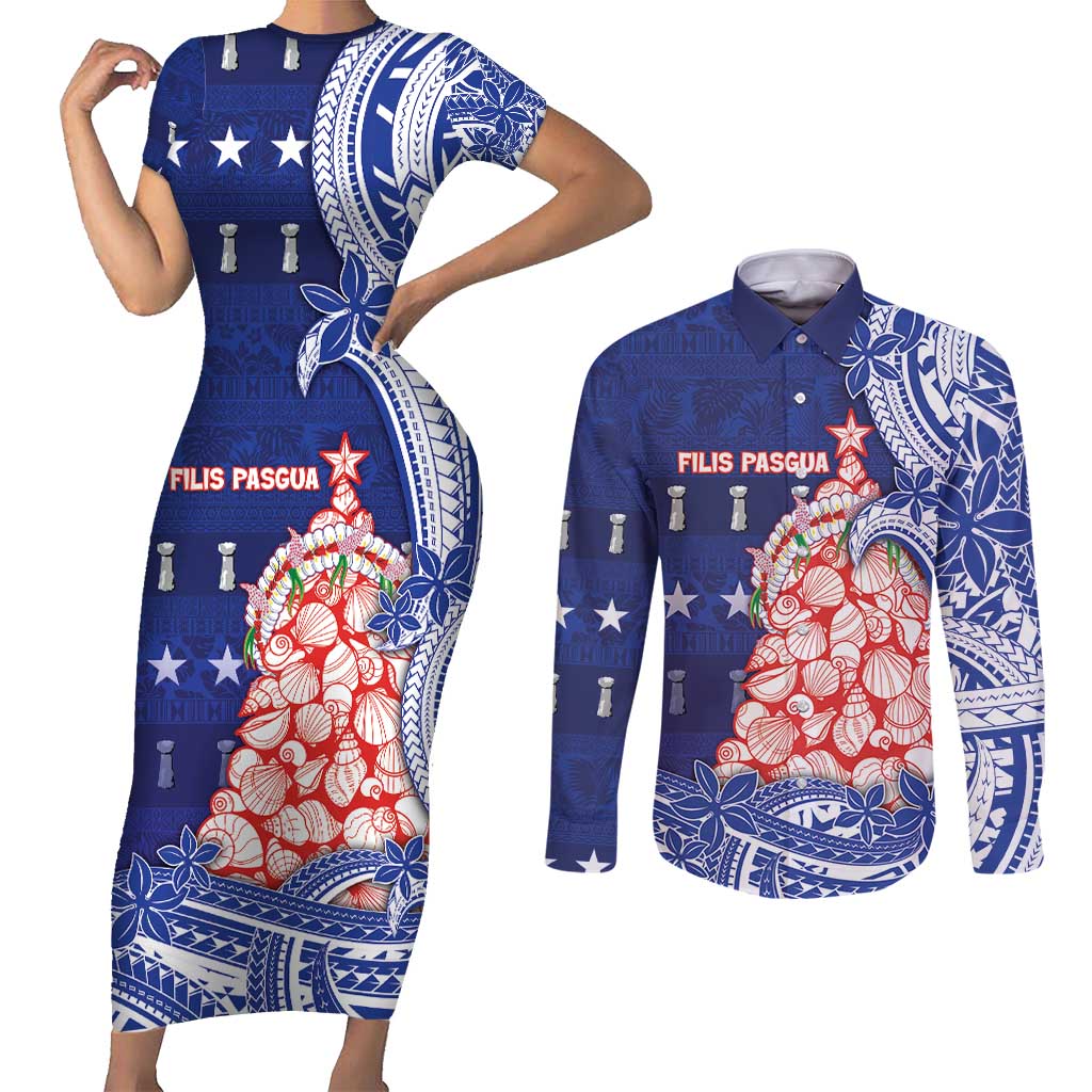 Northern Mariana Islands Christmas Couples Matching Short Sleeve Bodycon Dress and Long Sleeve Button Shirt Seashell Xmas Tree Tribal Waves - Polynesian Pride