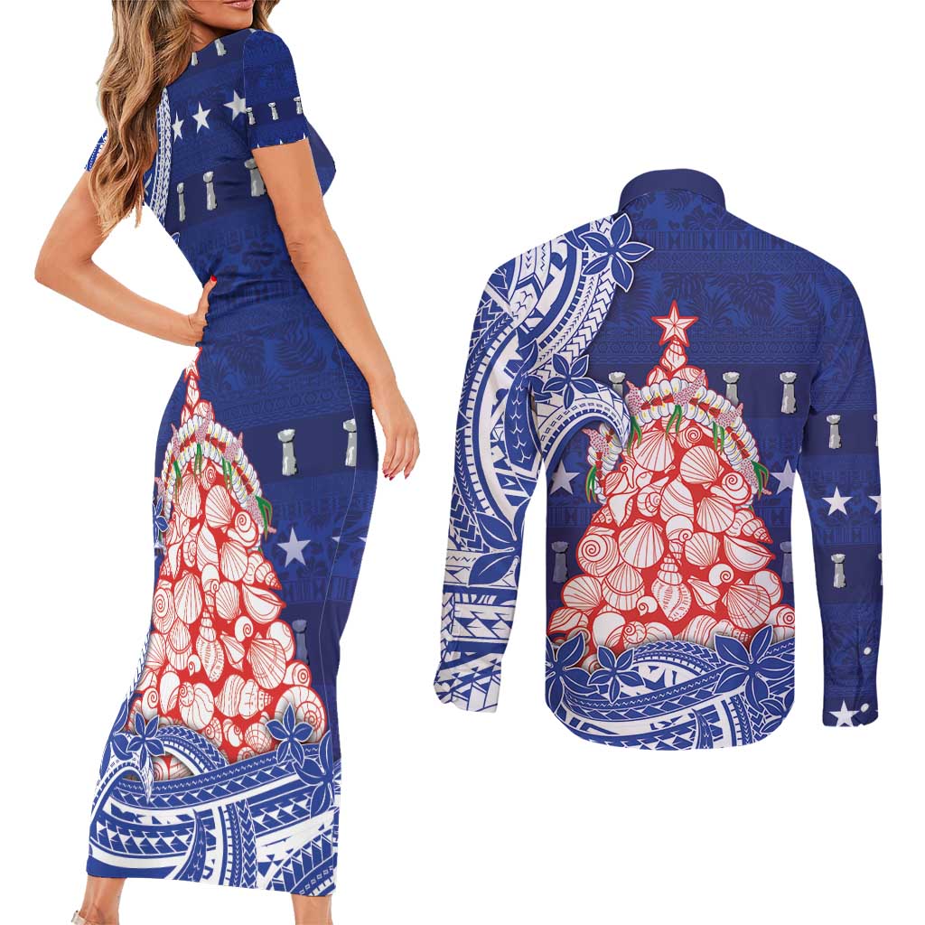 Northern Mariana Islands Christmas Couples Matching Short Sleeve Bodycon Dress and Long Sleeve Button Shirt Seashell Xmas Tree Tribal Waves - Polynesian Pride