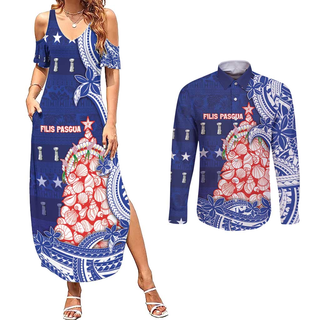 Northern Mariana Islands Christmas Couples Matching Summer Maxi Dress and Long Sleeve Button Shirt Seashell Xmas Tree Tribal Waves - Polynesian Pride