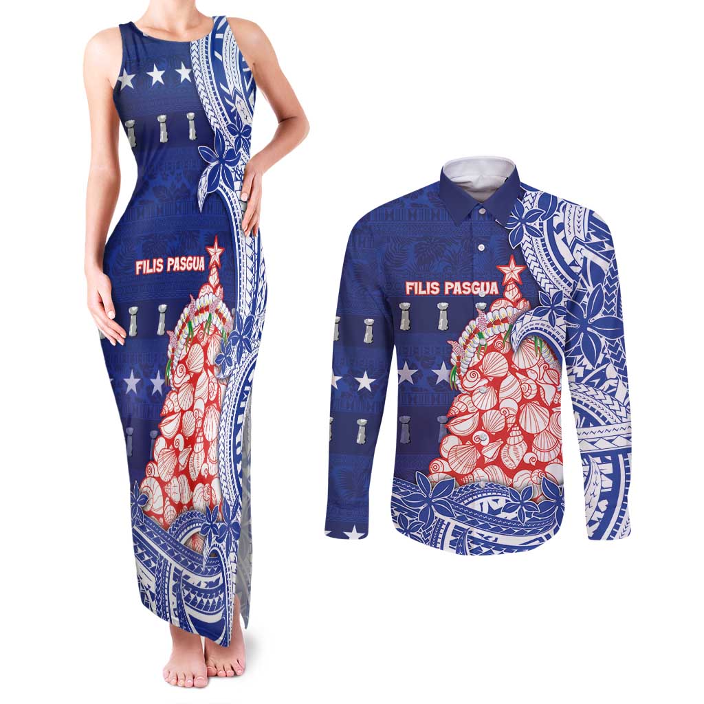 Northern Mariana Islands Christmas Couples Matching Tank Maxi Dress and Long Sleeve Button Shirt Seashell Xmas Tree Tribal Waves - Polynesian Pride