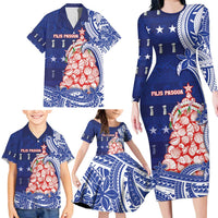 Northern Mariana Islands Christmas Family Matching Long Sleeve Bodycon Dress and Hawaiian Shirt Seashell Xmas Tree Tribal Waves - Polynesian Pride