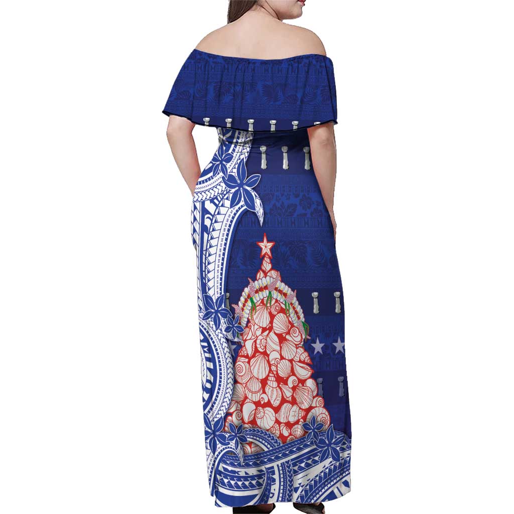 Northern Mariana Islands Christmas Family Matching Off Shoulder Maxi Dress and Hawaiian Shirt Seashell Xmas Tree Tribal Waves - Polynesian Pride