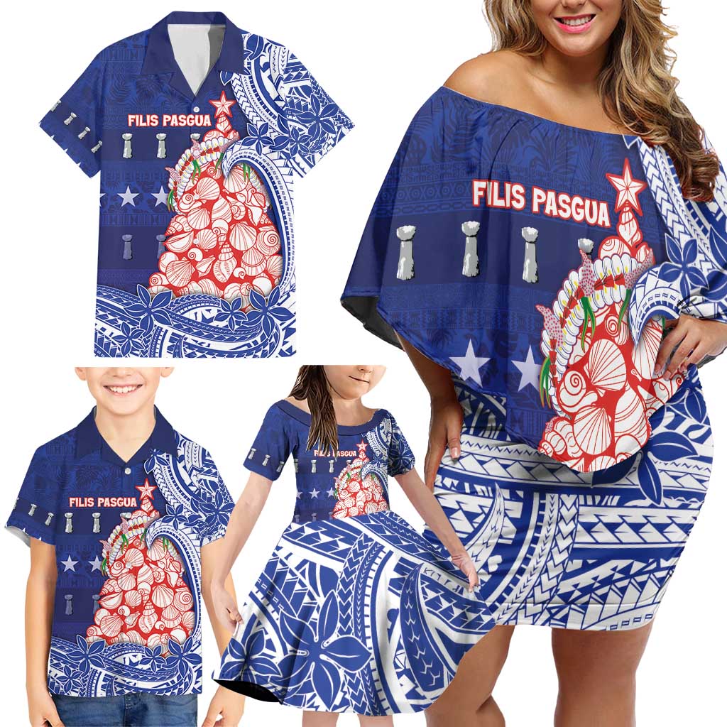 Northern Mariana Islands Christmas Family Matching Off Shoulder Short Dress and Hawaiian Shirt Seashell Xmas Tree Tribal Waves - Polynesian Pride