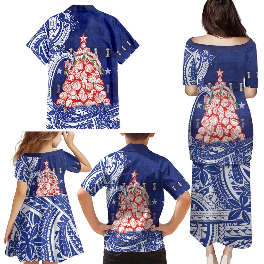 Northern Mariana Islands Christmas Family Matching Puletasi and Hawaiian Shirt Seashell Xmas Tree Tribal Waves - Polynesian Pride
