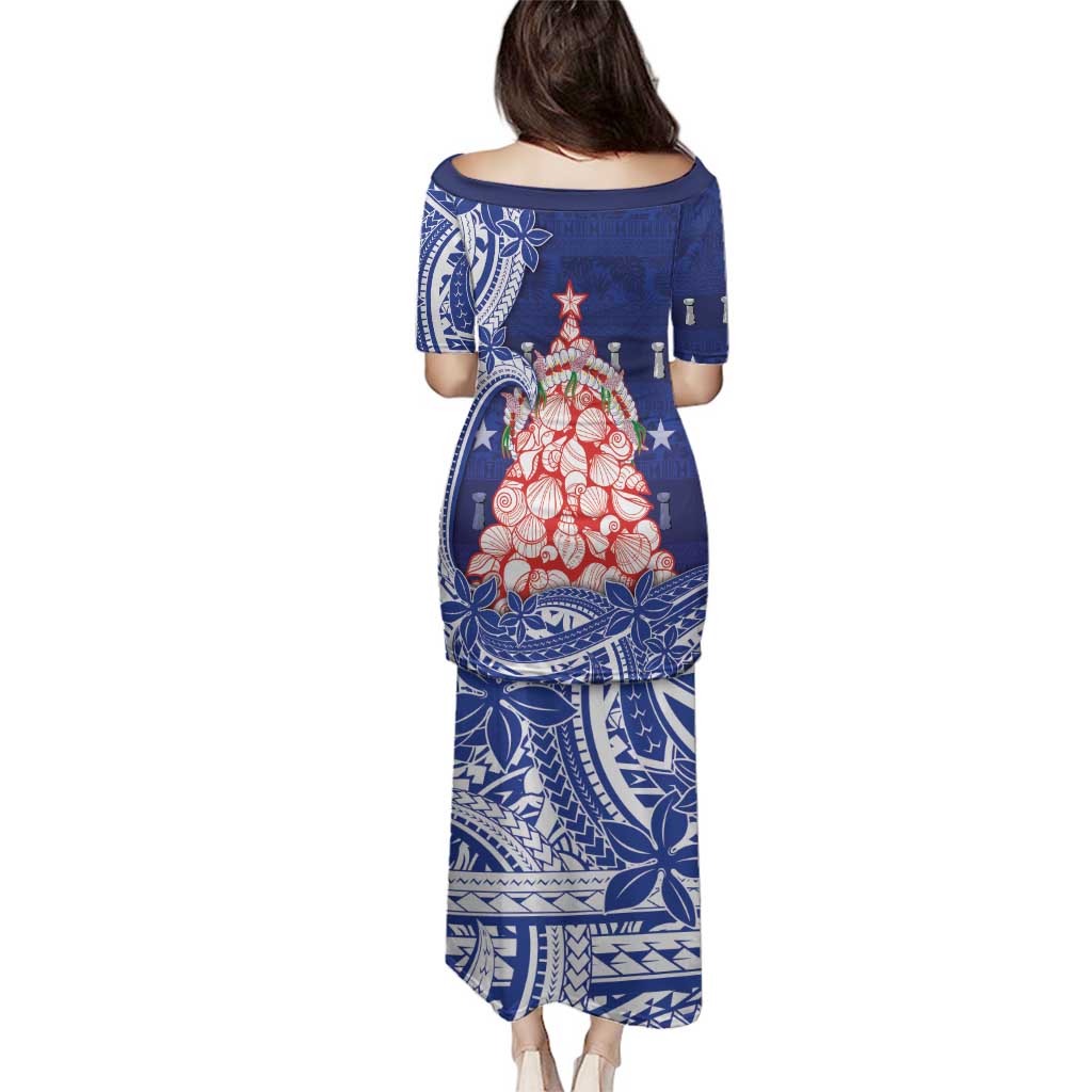 Northern Mariana Islands Christmas Family Matching Puletasi and Hawaiian Shirt Seashell Xmas Tree Tribal Waves - Polynesian Pride