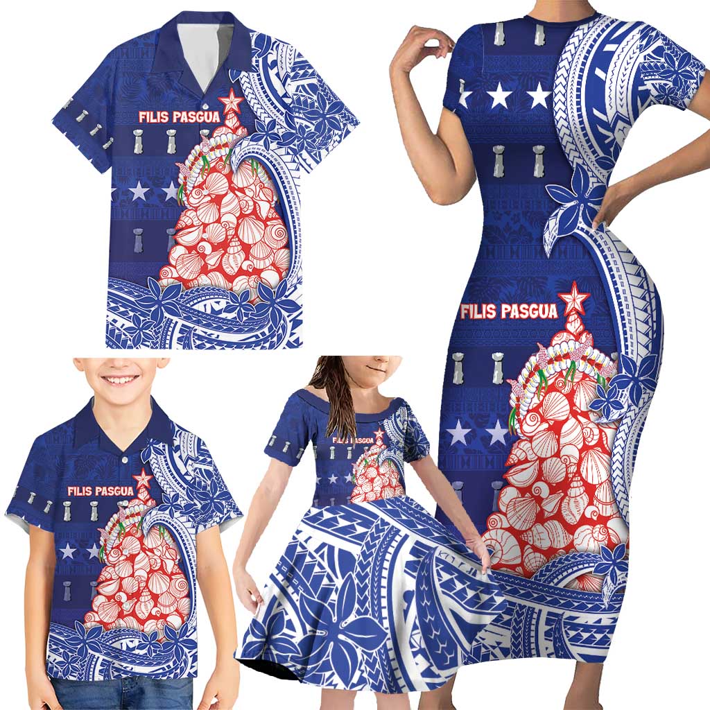 Northern Mariana Islands Christmas Family Matching Short Sleeve Bodycon Dress and Hawaiian Shirt Seashell Xmas Tree Tribal Waves - Polynesian Pride