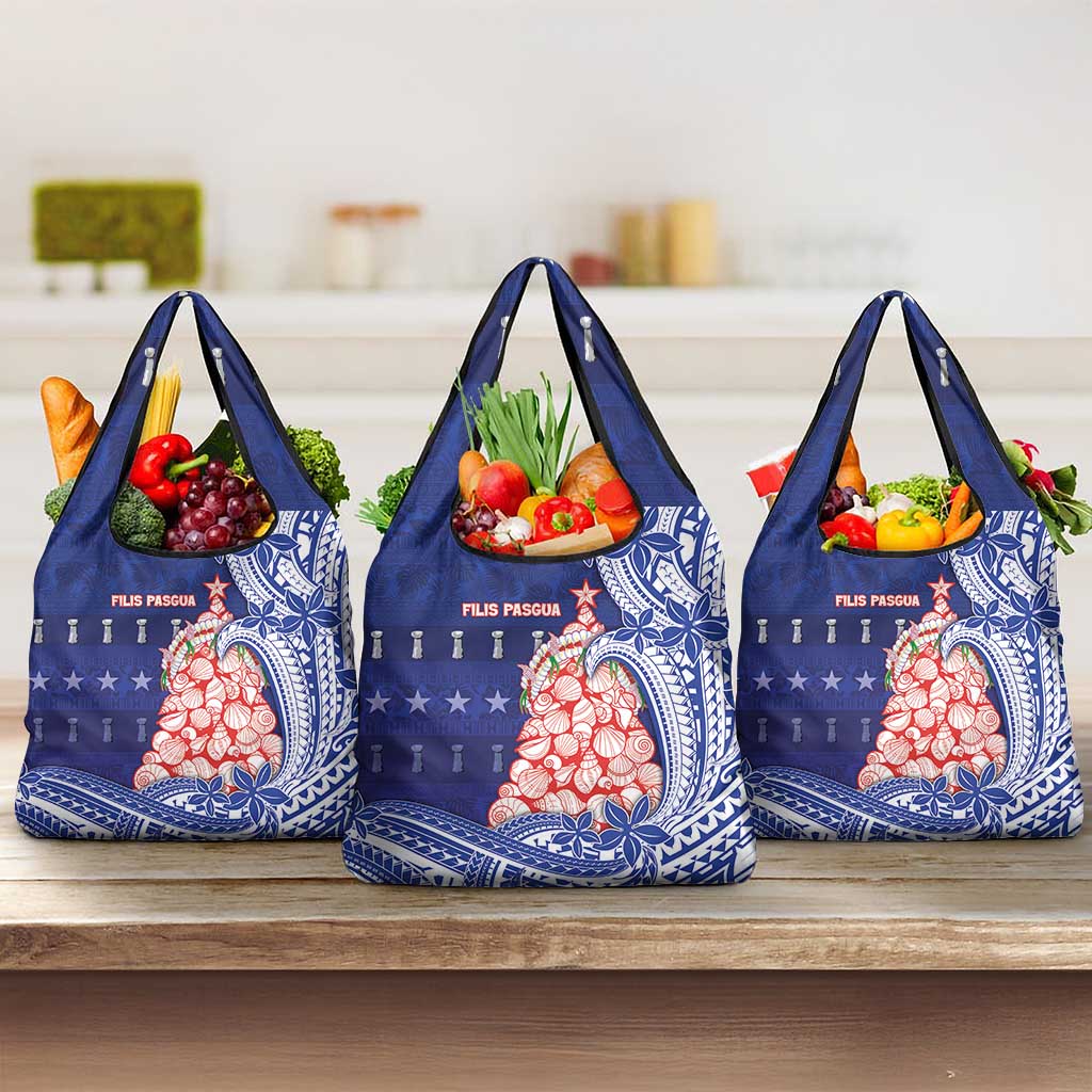 Northern Mariana Islands Christmas Grocery Bag Seashell Xmas Tree Tribal Waves DT05 3-pack One Size Navy - Polynesian Pride