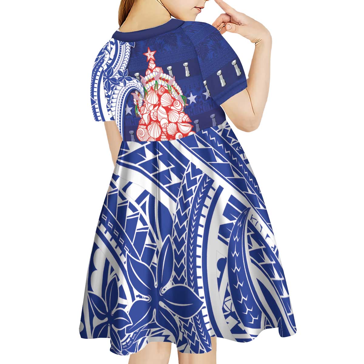 Northern Mariana Islands Christmas Kid Short Sleeve Dress Seashell Xmas Tree Tribal Waves - Polynesian Pride