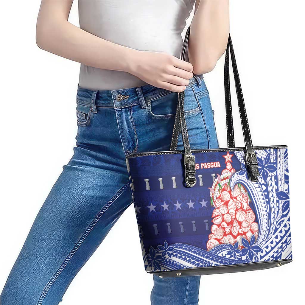 Northern Mariana Islands Christmas Leather Tote Bag Seashell Xmas Tree Tribal Waves - Polynesian Pride