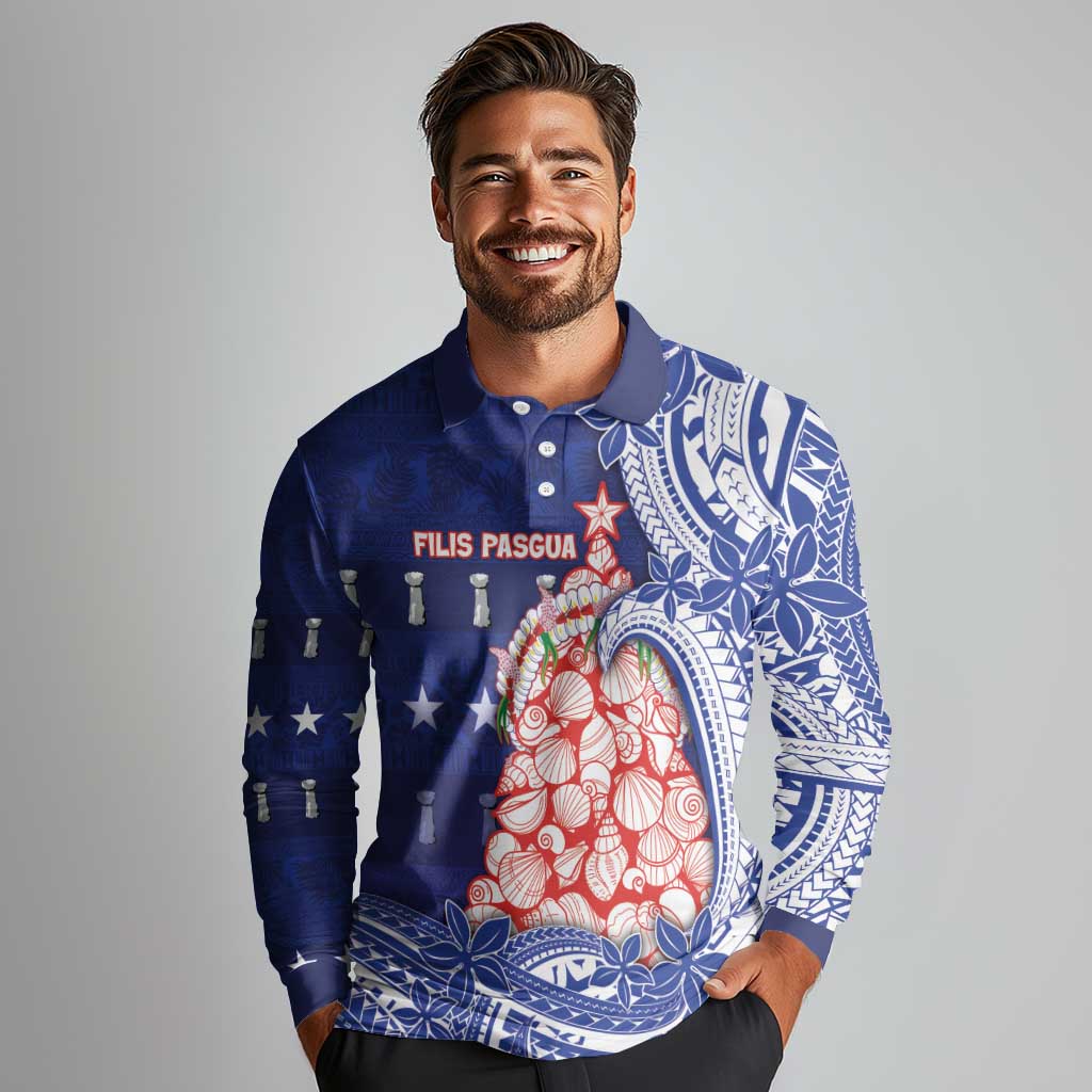 Northern Mariana Islands Christmas Long Sleeve Polo Shirt Seashell Xmas Tree Tribal Waves - Polynesian Pride