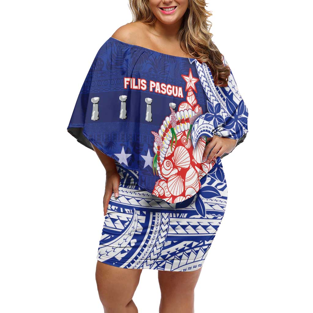 Northern Mariana Islands Christmas Off Shoulder Short Dress Seashell Xmas Tree Tribal Waves - Polynesian Pride