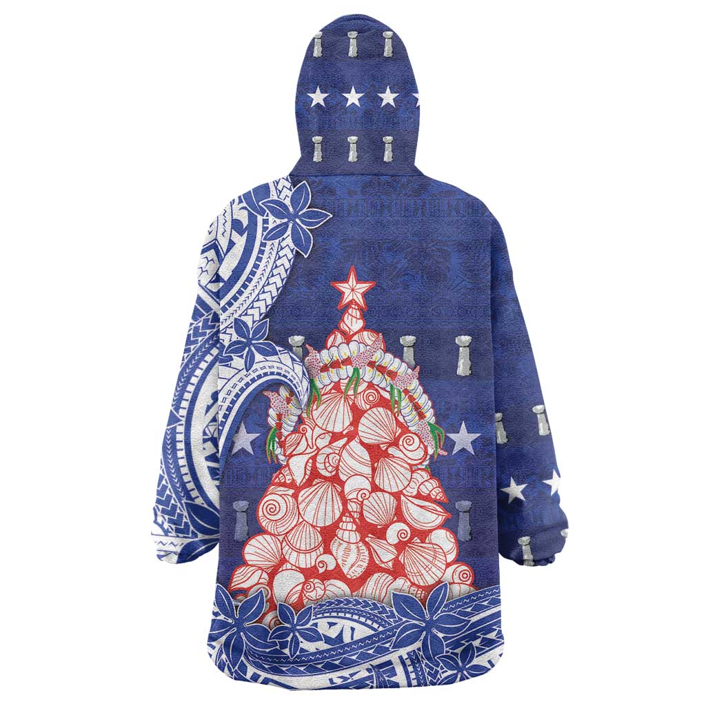 Northern Mariana Islands Christmas Wearable Blanket Hoodie Seashell Xmas Tree Tribal Waves - Polynesian Pride