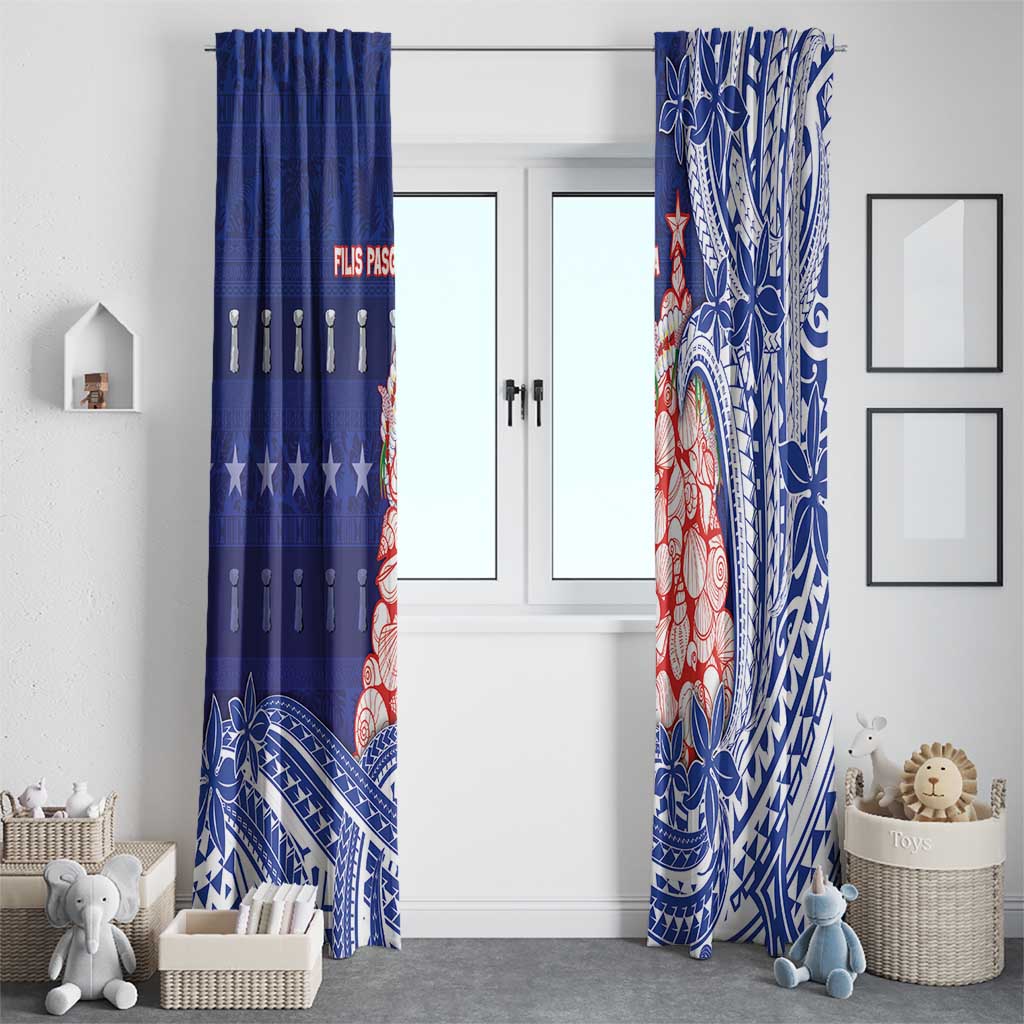 Northern Mariana Islands Christmas Window Curtain Seashell Xmas Tree Tribal Waves - Polynesian Pride