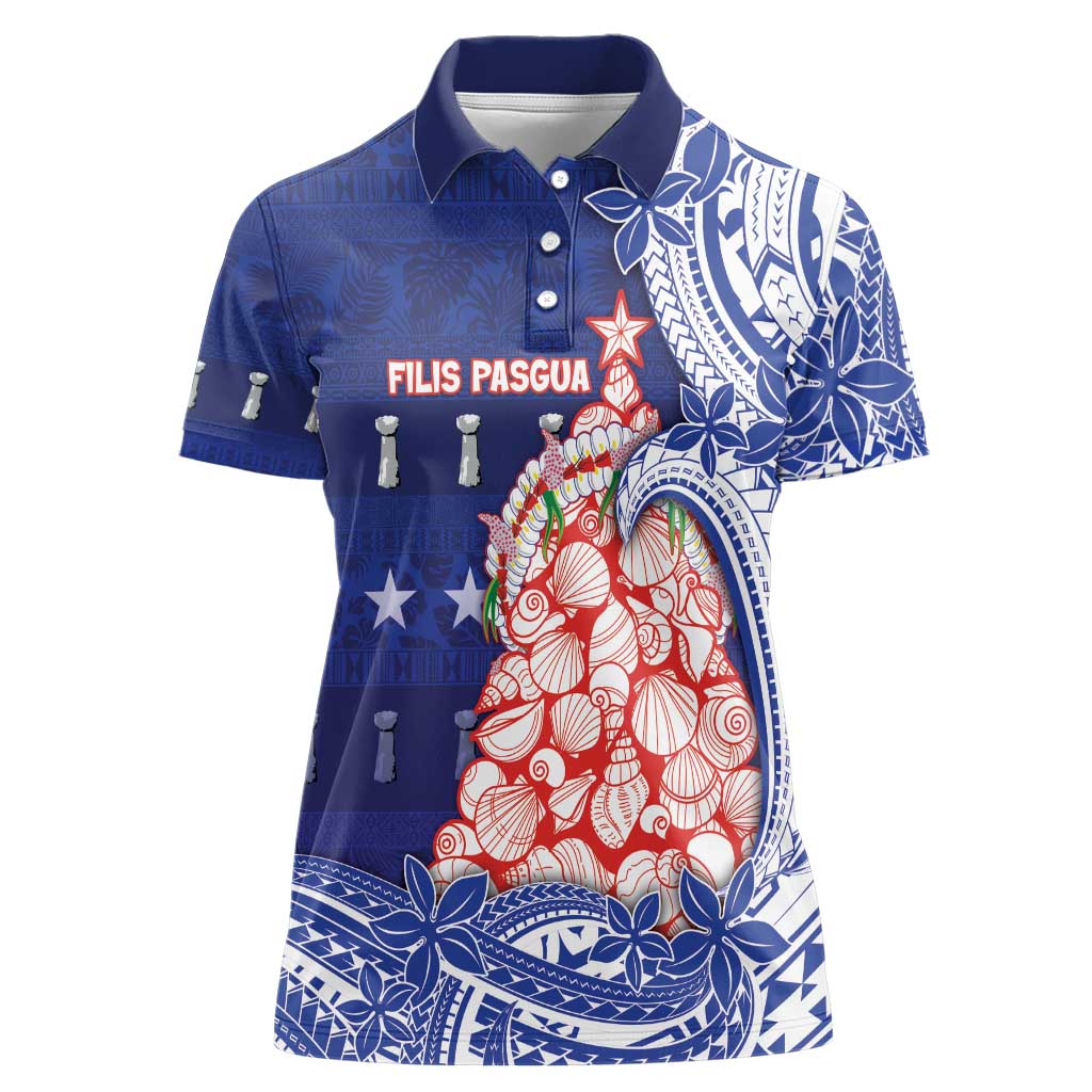 Northern Mariana Islands Christmas Women Polo Shirt Seashell Xmas Tree Tribal Waves - Polynesian Pride