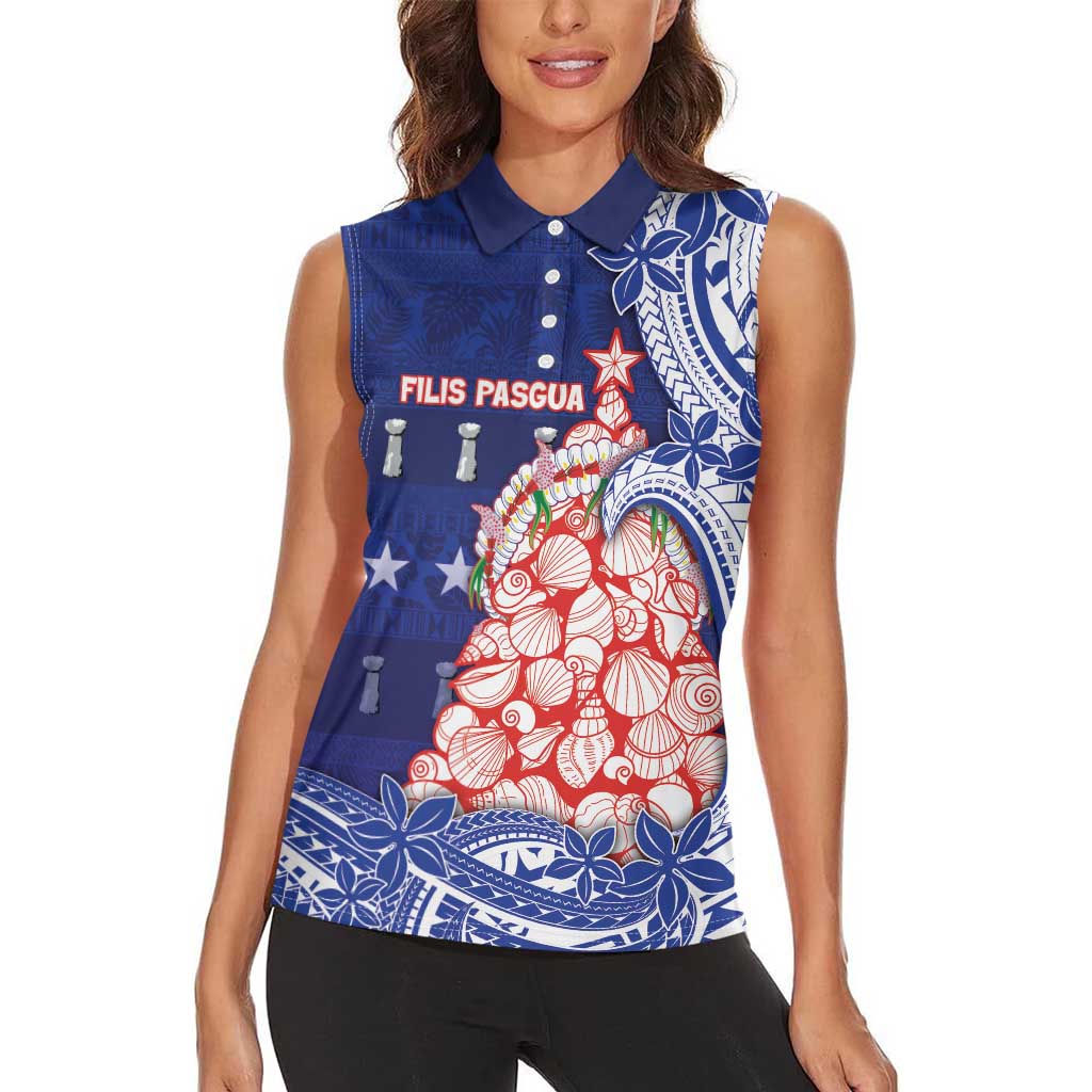Northern Mariana Islands Christmas Women Sleeveless Polo Shirt Seashell Xmas Tree Tribal Waves - Polynesian Pride