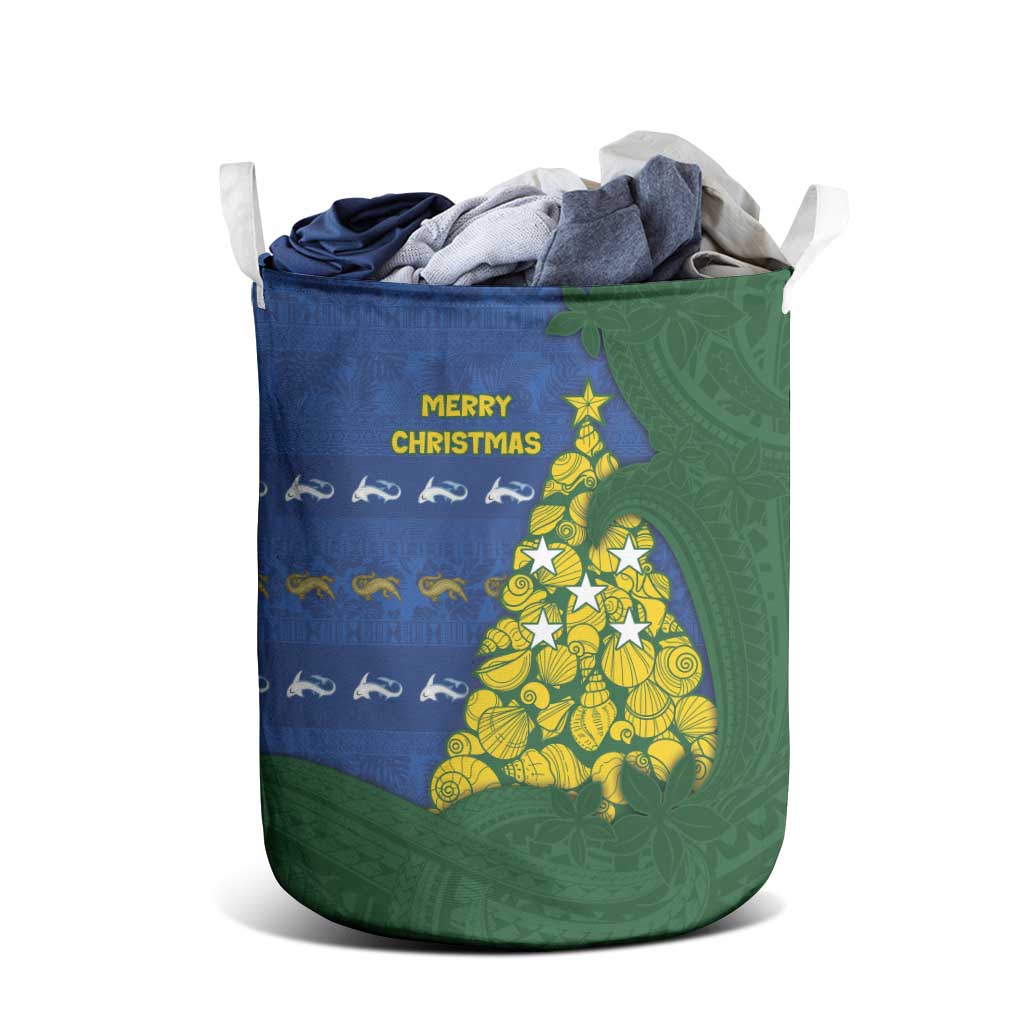 Solomon Islands Christmas Laundry Basket Seashell Xmas Tree Tribal Waves - Polynesian Pride