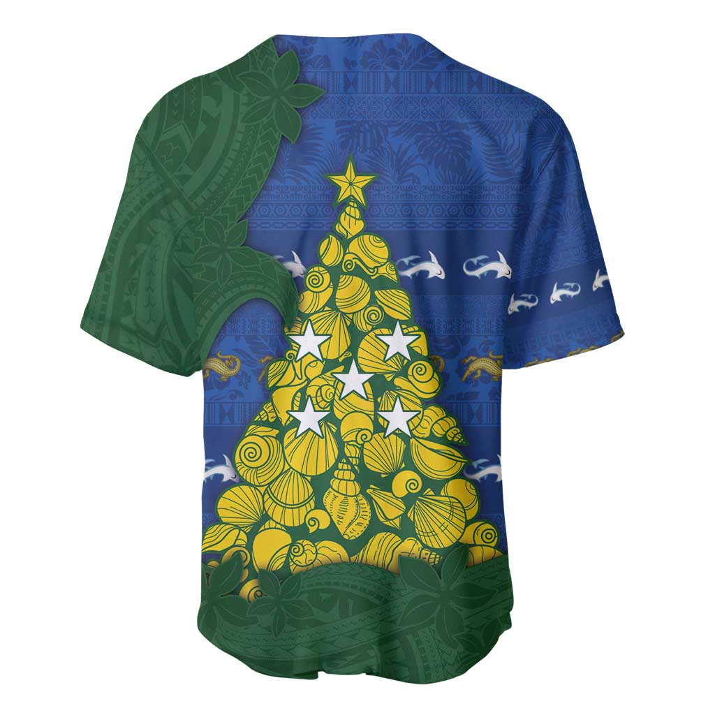 Solomon Islands Christmas Baseball Jersey Seashell Xmas Tree Tribal Waves - Polynesian Pride