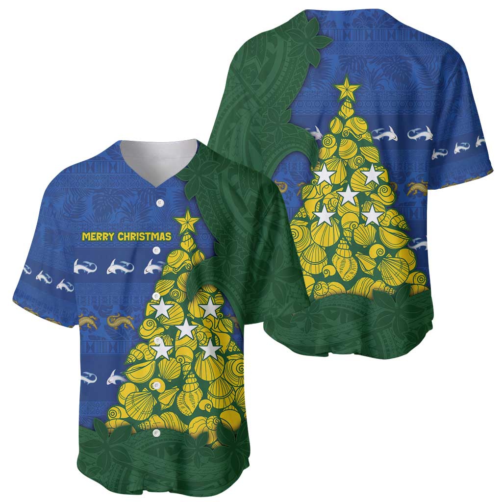 Solomon Islands Christmas Baseball Jersey Seashell Xmas Tree Tribal Waves - Polynesian Pride