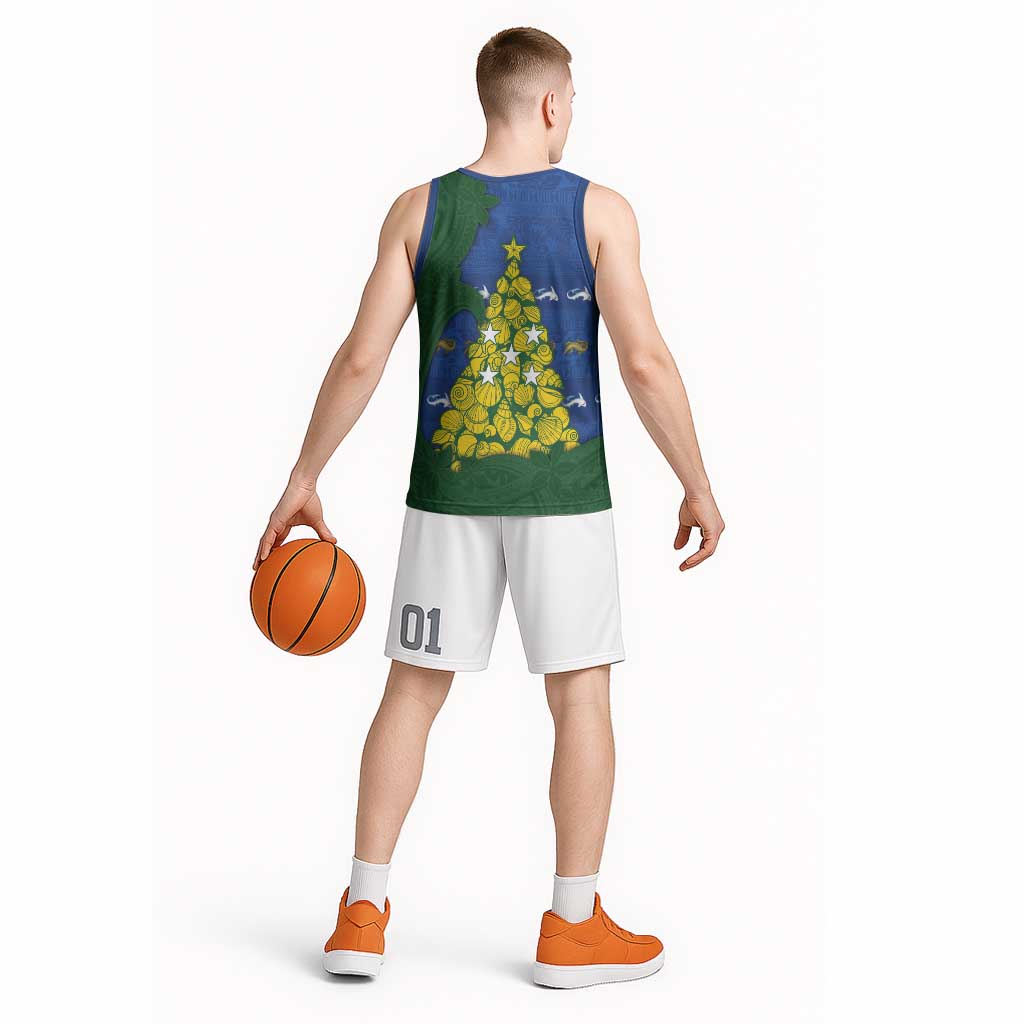Solomon Islands Christmas Basketball Jersey Seashell Xmas Tree Tribal Waves - Polynesian Pride