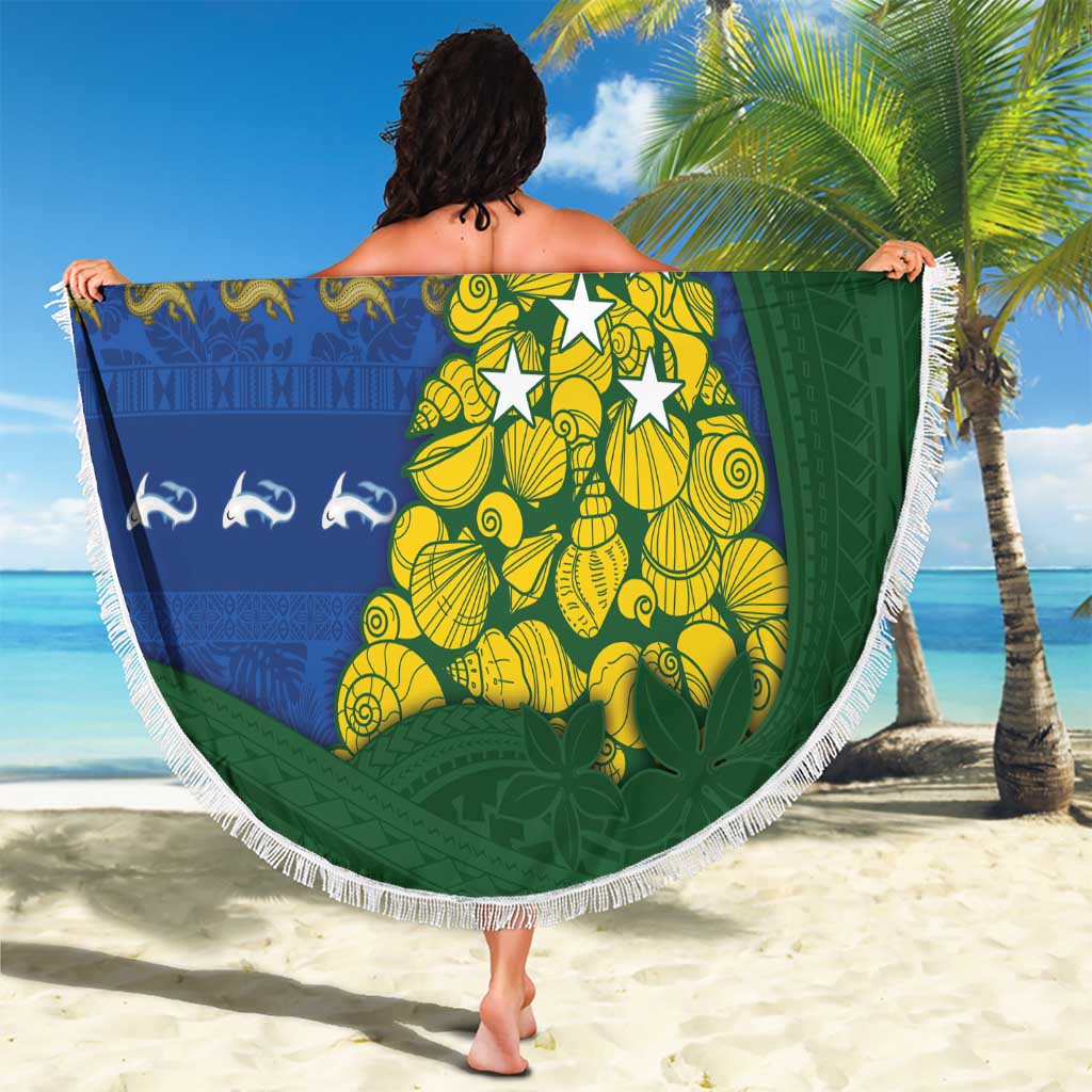 Solomon Islands Christmas Beach Blanket Seashell Xmas Tree Tribal Waves - Polynesian Pride