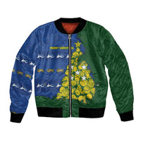 Solomon Islands Christmas Bomber Jacket Seashell Xmas Tree Tribal Waves - Polynesian Pride