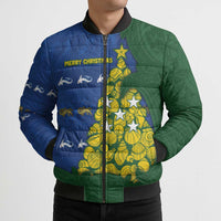 Solomon Islands Christmas Bomber Puffer Jacket Seashell Xmas Tree Tribal Waves - Polynesian Pride