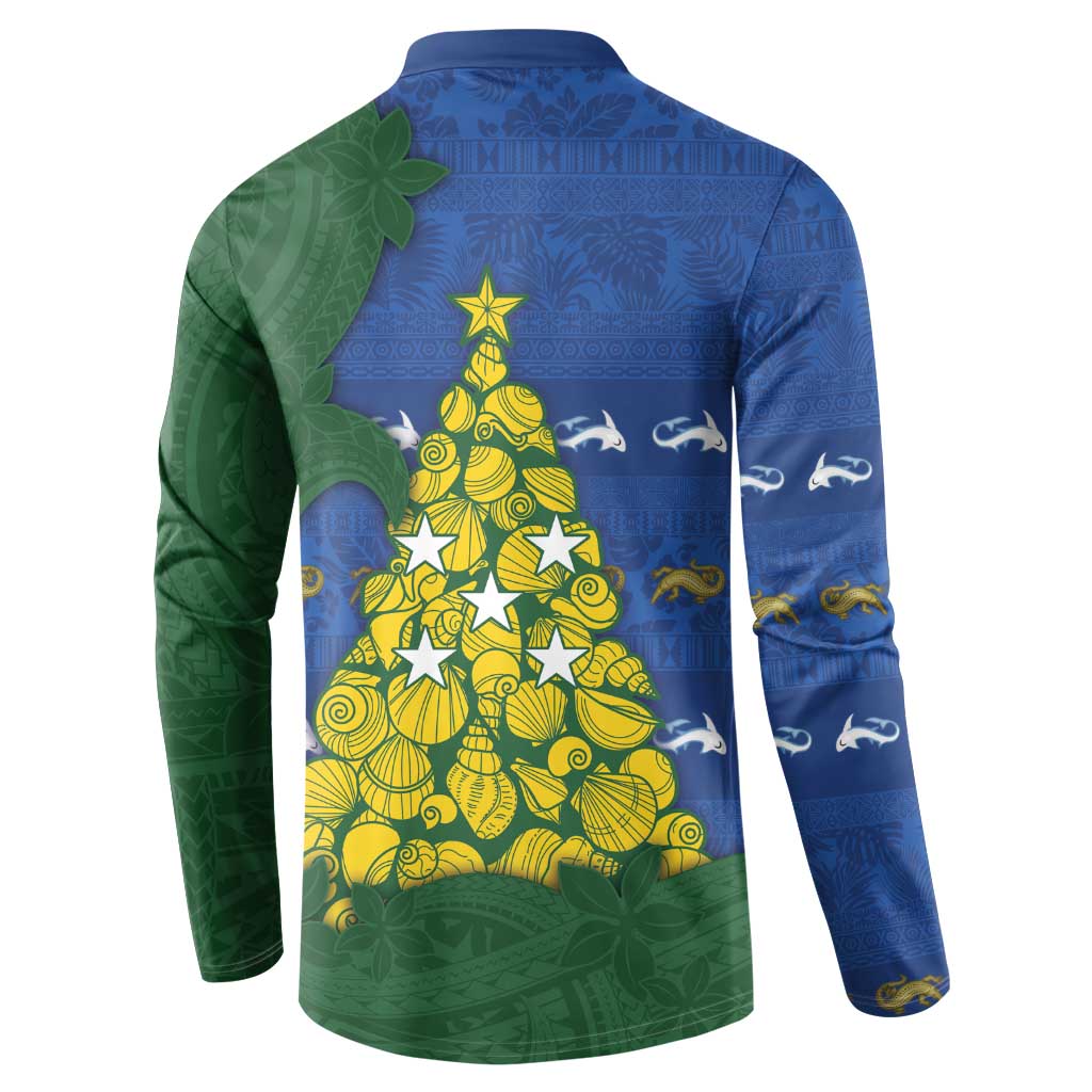 Solomon Islands Christmas Button Sweatshirt Seashell Xmas Tree Tribal Waves - Polynesian Pride