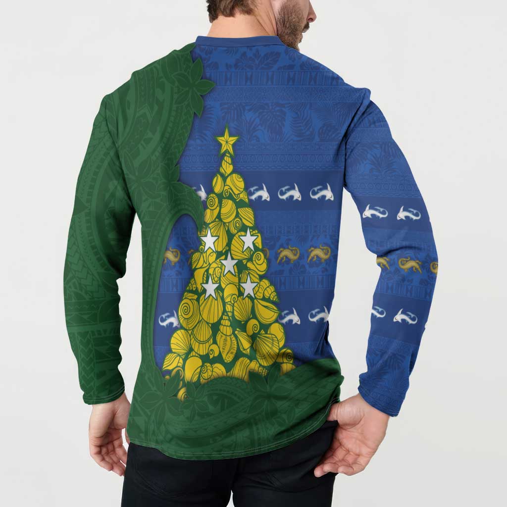 Solomon Islands Christmas Button Sweatshirt Seashell Xmas Tree Tribal Waves - Polynesian Pride