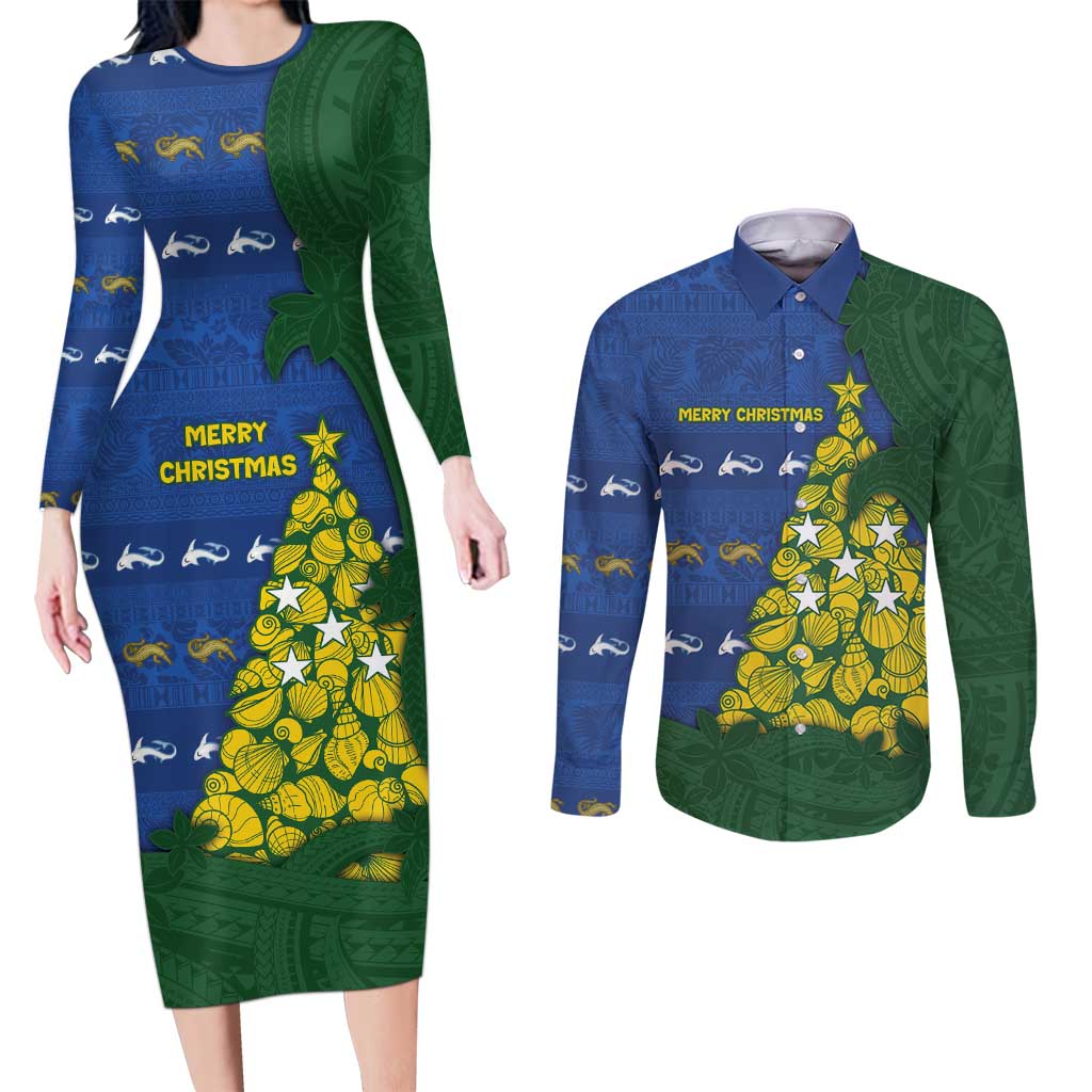 Solomon Islands Christmas Couples Matching Long Sleeve Bodycon Dress and Long Sleeve Button Shirt Seashell Xmas Tree Tribal Waves - Polynesian Pride