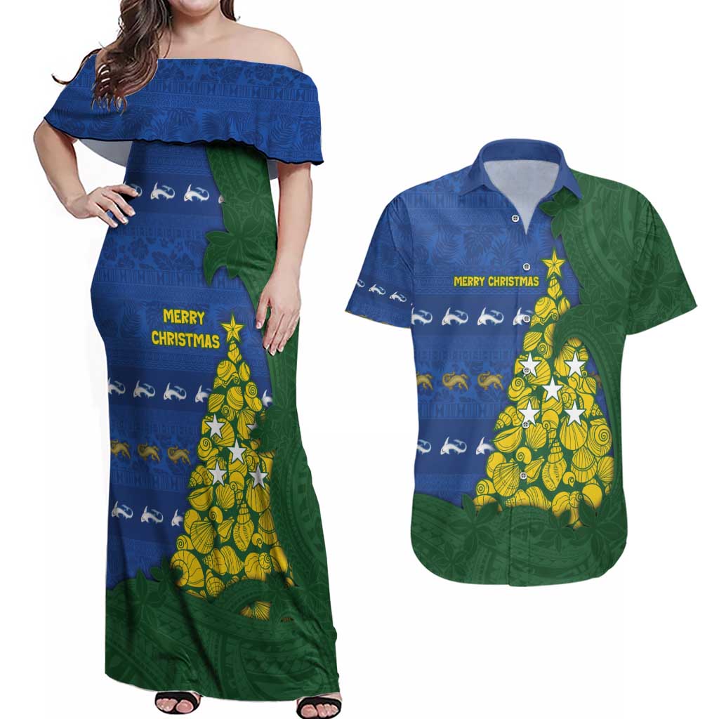 Solomon Islands Christmas Couples Matching Off Shoulder Maxi Dress and Hawaiian Shirt Seashell Xmas Tree Tribal Waves - Polynesian Pride