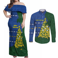 Solomon Islands Christmas Couples Matching Off Shoulder Maxi Dress and Long Sleeve Button Shirt Seashell Xmas Tree Tribal Waves - Polynesian Pride