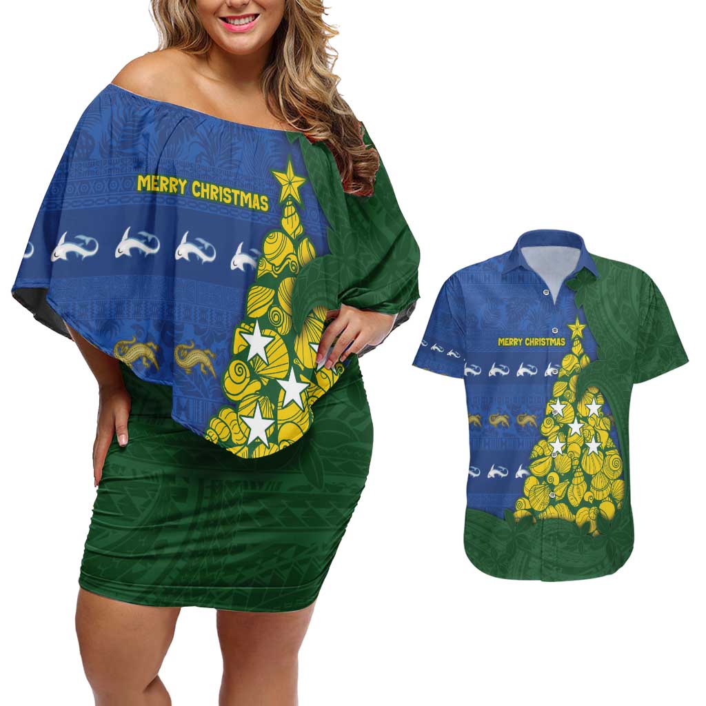 Solomon Islands Christmas Couples Matching Off Shoulder Short Dress and Hawaiian Shirt Seashell Xmas Tree Tribal Waves - Polynesian Pride