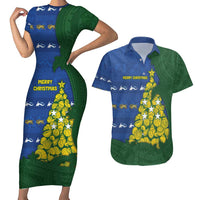 Solomon Islands Christmas Couples Matching Short Sleeve Bodycon Dress and Hawaiian Shirt Seashell Xmas Tree Tribal Waves - Polynesian Pride
