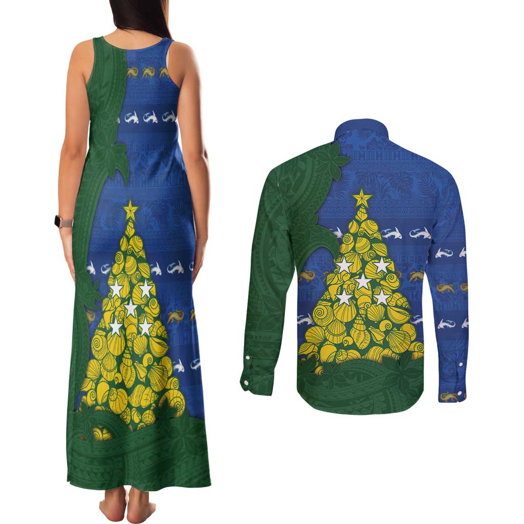Solomon Islands Christmas Couples Matching Tank Maxi Dress and Long Sleeve Button Shirt Seashell Xmas Tree Tribal Waves - Polynesian Pride
