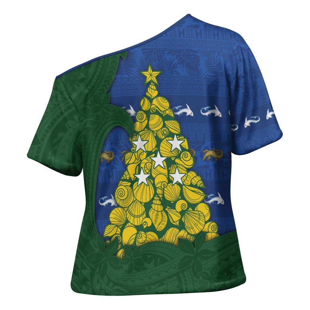 Solomon Islands Christmas Cross Shoulder Shirt Seashell Xmas Tree Tribal Waves - Polynesian Pride