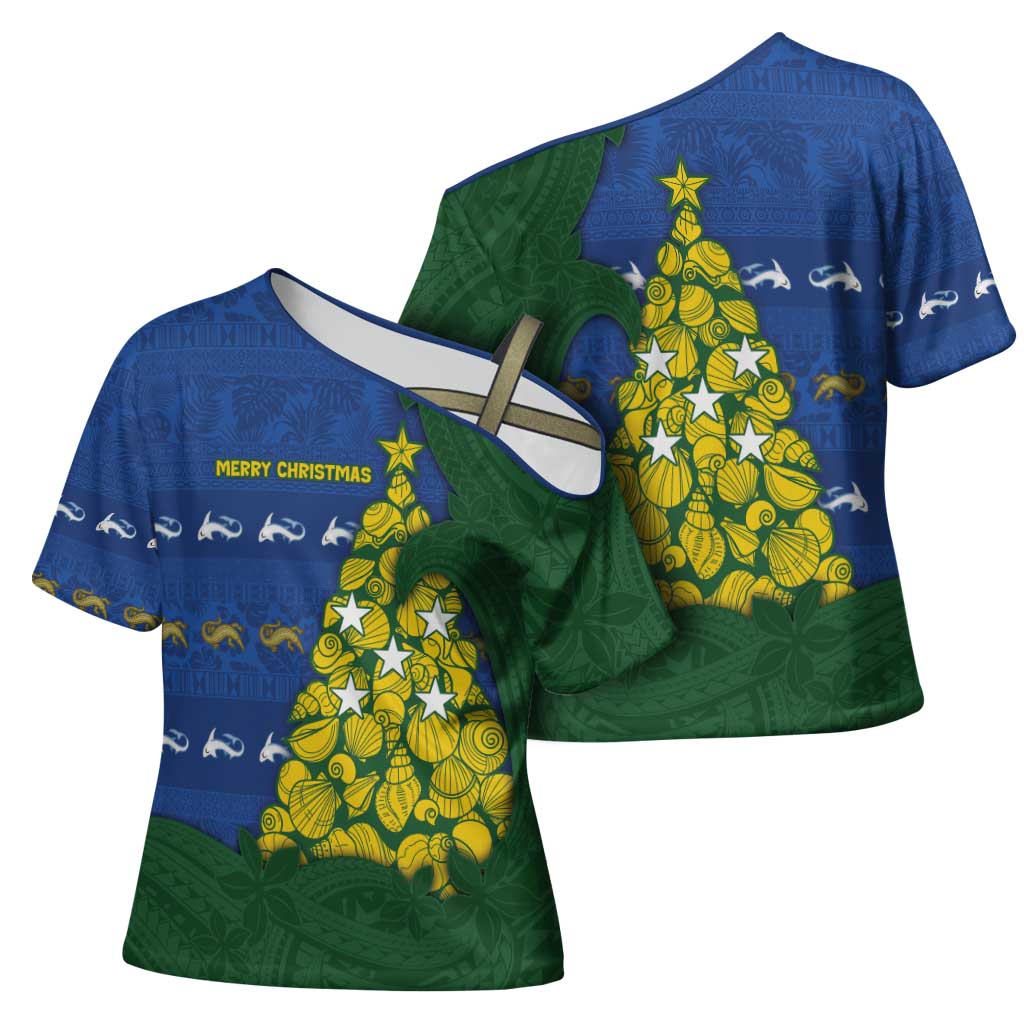 Solomon Islands Christmas Cross Shoulder Shirt Seashell Xmas Tree Tribal Waves - Polynesian Pride
