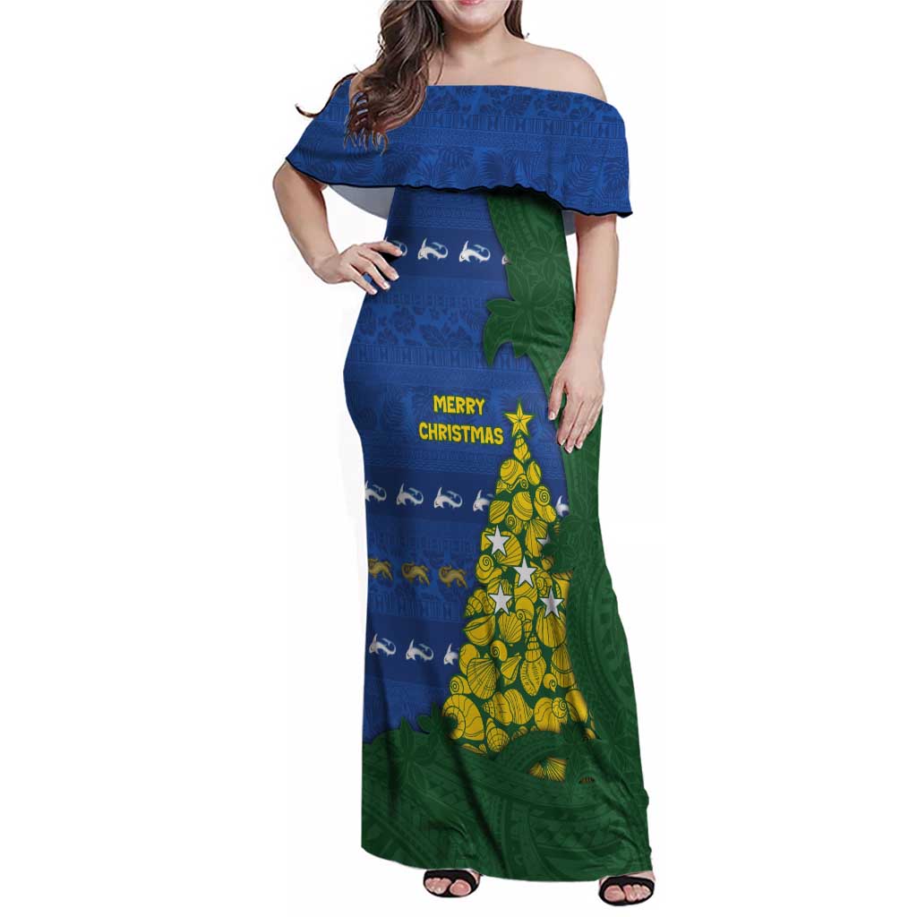 Solomon Islands Christmas Family Matching Off Shoulder Maxi Dress and Hawaiian Shirt Seashell Xmas Tree Tribal Waves - Polynesian Pride