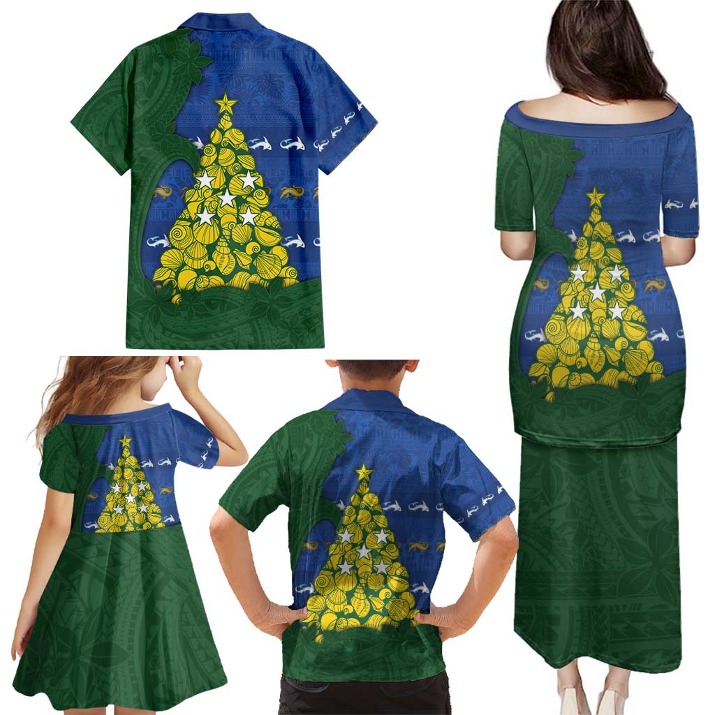 Solomon Islands Christmas Family Matching Puletasi and Hawaiian Shirt Seashell Xmas Tree Tribal Waves - Polynesian Pride