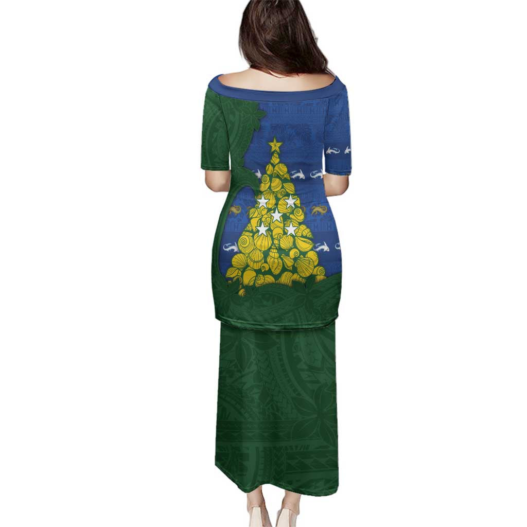 Solomon Islands Christmas Family Matching Puletasi and Hawaiian Shirt Seashell Xmas Tree Tribal Waves - Polynesian Pride