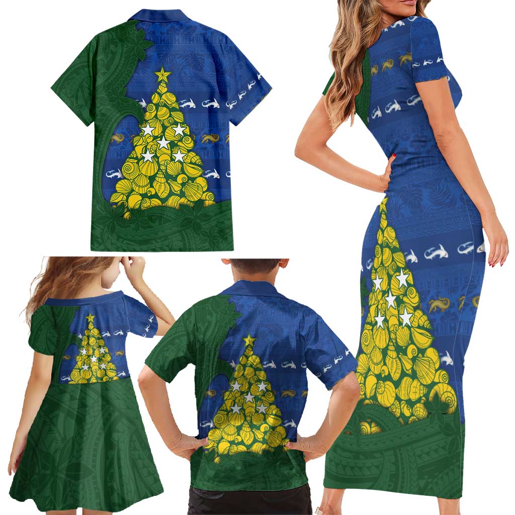 Solomon Islands Christmas Family Matching Short Sleeve Bodycon Dress and Hawaiian Shirt Seashell Xmas Tree Tribal Waves - Polynesian Pride