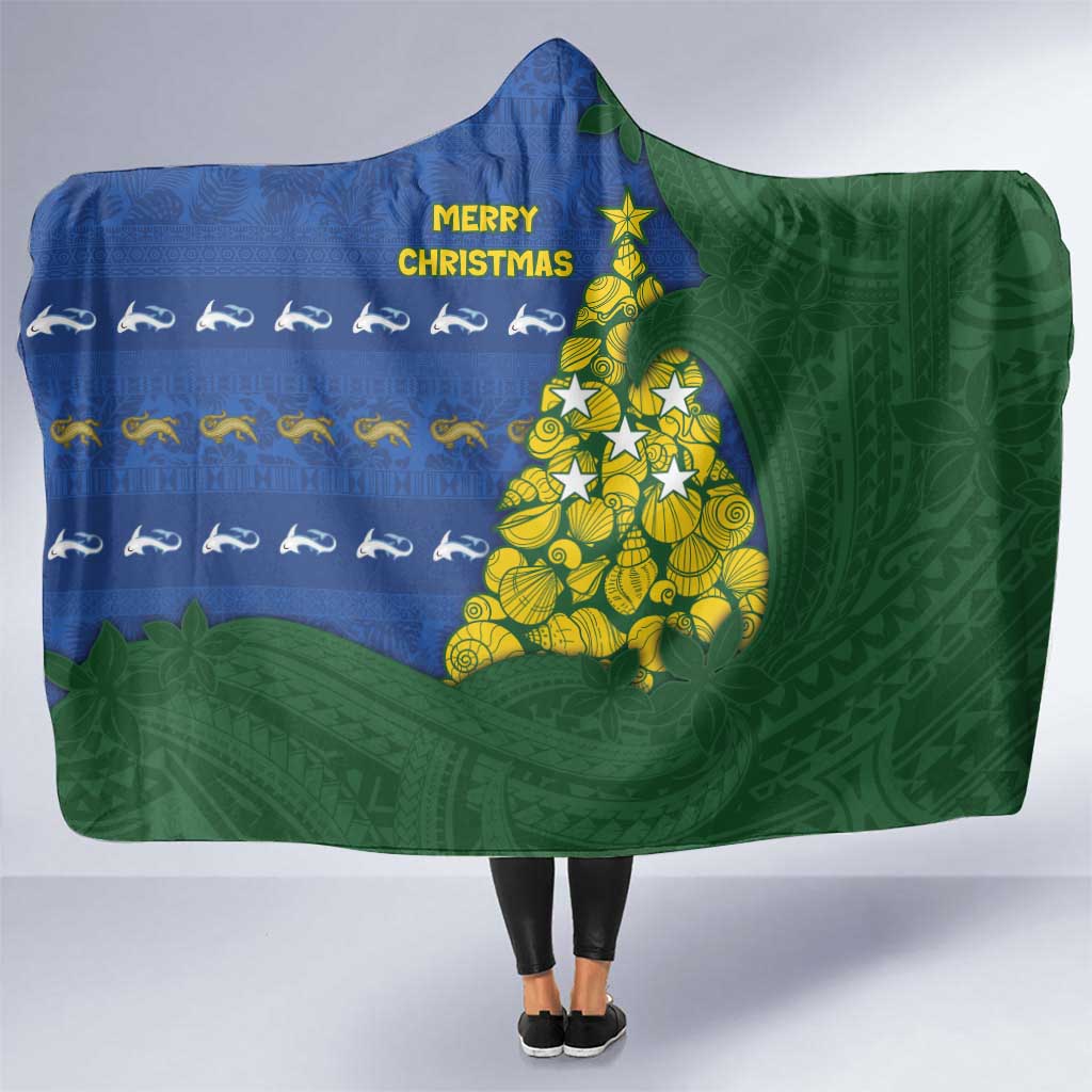 Solomon Islands Christmas Hooded Blanket Seashell Xmas Tree Tribal Waves - Polynesian Pride