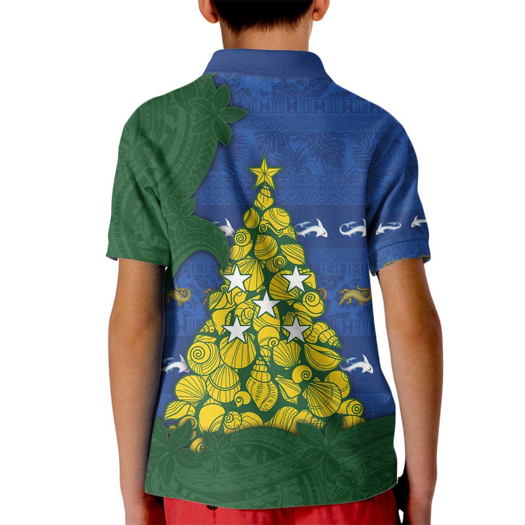 Solomon Islands Christmas Kid Polo Shirt Seashell Xmas Tree Tribal Waves - Polynesian Pride