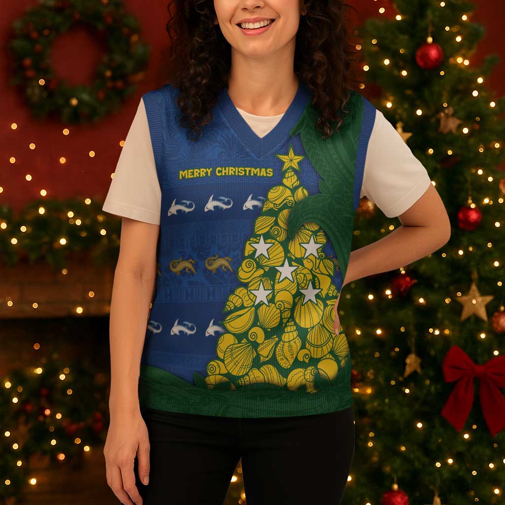 Solomon Islands Christmas Knitted V-Neck Vest Seashell Xmas Tree Tribal Waves - Polynesian Pride