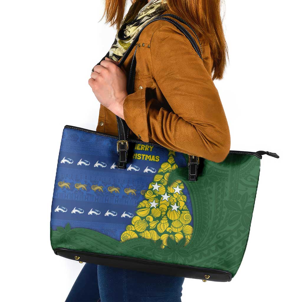 Solomon Islands Christmas Leather Tote Bag Seashell Xmas Tree Tribal Waves - Polynesian Pride