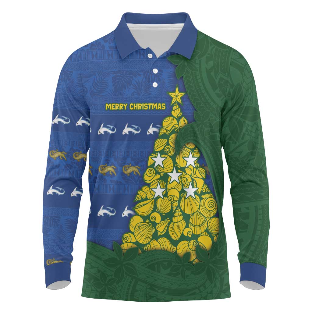 Solomon Islands Christmas Long Sleeve Polo Shirt Seashell Xmas Tree Tribal Waves - Polynesian Pride