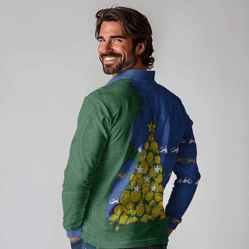 Solomon Islands Christmas Long Sleeve Polo Shirt Seashell Xmas Tree Tribal Waves - Polynesian Pride