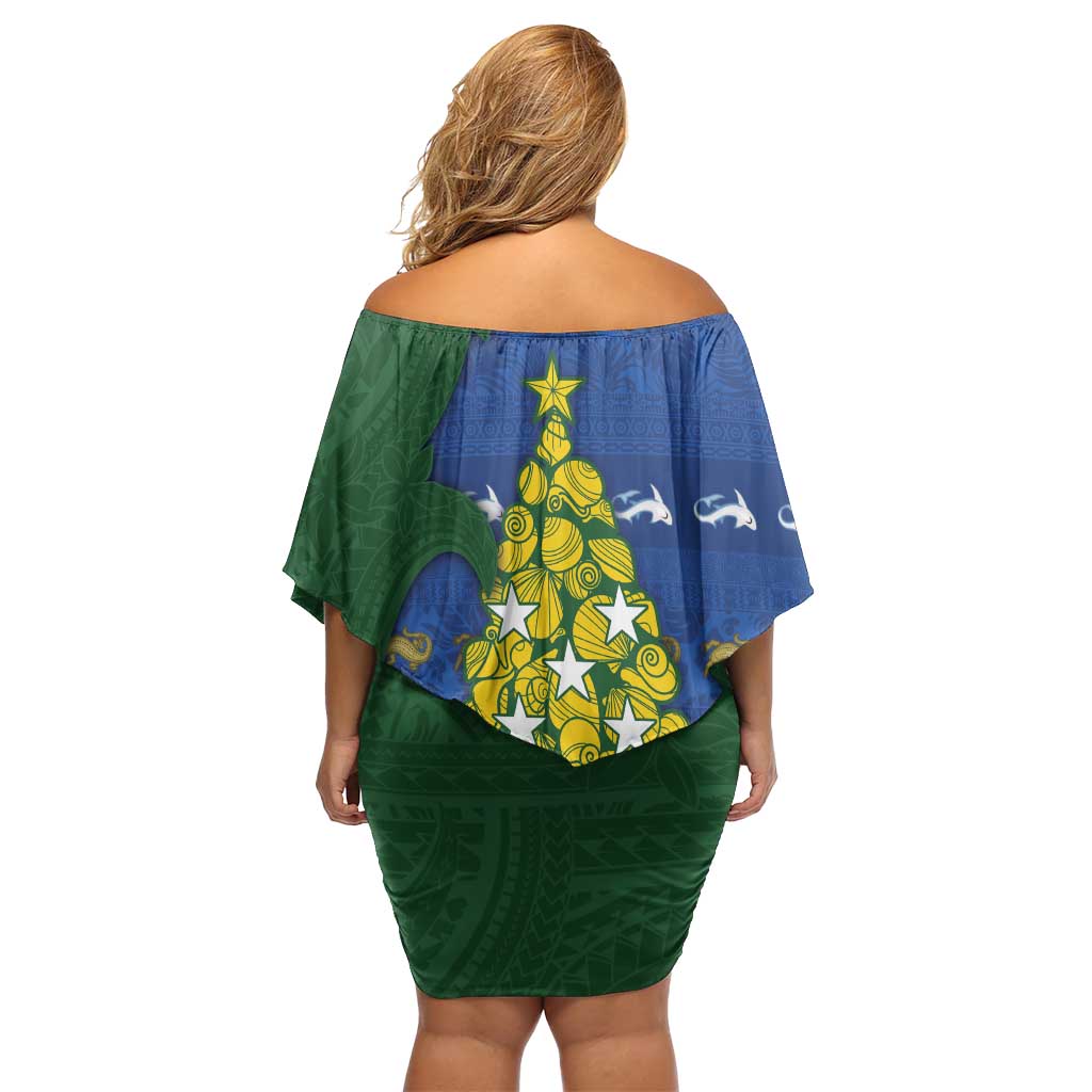 Solomon Islands Christmas Off Shoulder Short Dress Seashell Xmas Tree Tribal Waves - Polynesian Pride